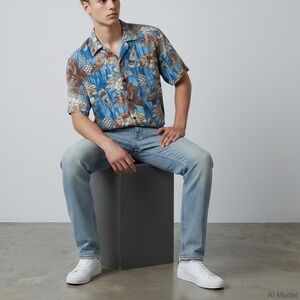 Young USA Mens Blue Tropical Hawaiian Shirt Button Down Short Sleeve Size‎ XL